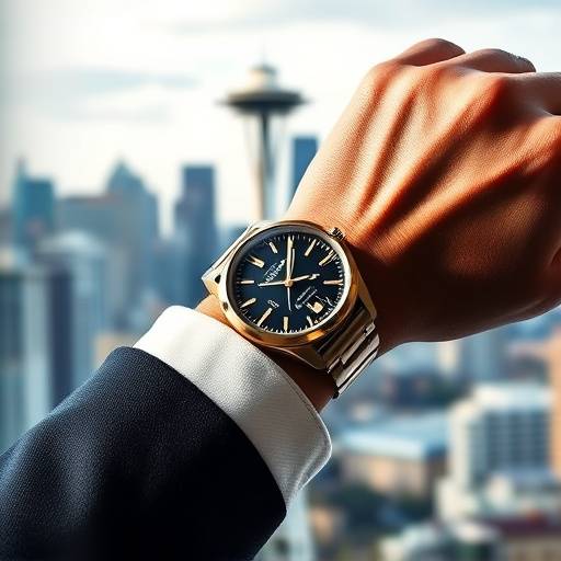 Advertising photograph of a luxury watch on a wrist with a Seattle skyline visible in the background.