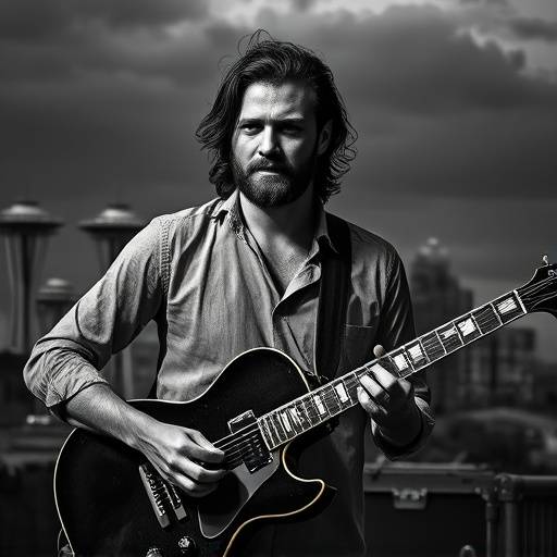 Black and white portrait of a musician playing a guitar, Seattle cityscape in the background.