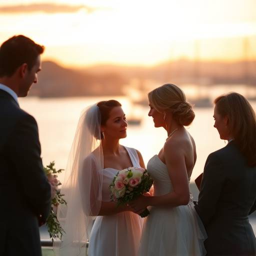 Bride and groom exchanging vows at a wedding ceremony overlooking Puget Sound, Seattle.