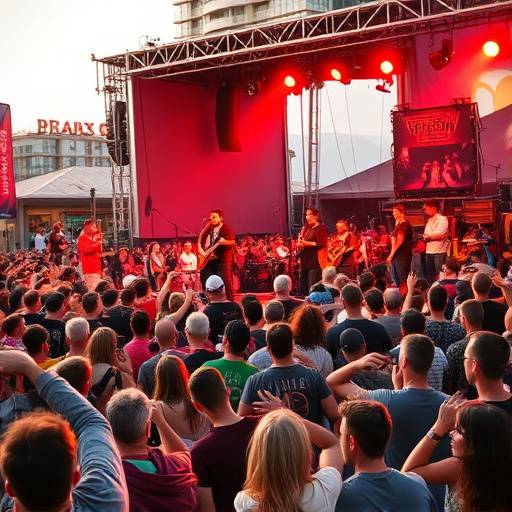 Captivating image of a music festival with a band performing on stage, energetic crowd, Seattle summer event.