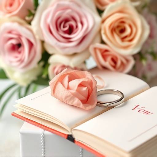 Close-up of wedding details: rings, flowers, and a handwritten vow book
