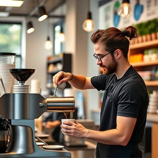 Commercial shot of a barista pouring coffee in a modern Seattle coffee shop, vibrant colors.