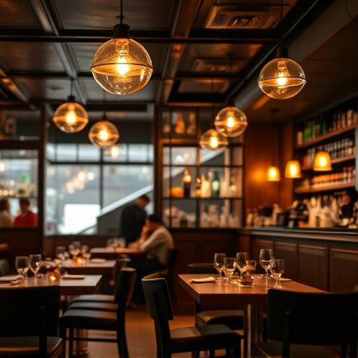 Stylish shot of a restaurant's interior with focus on the food, atmospheric lighting, showcasing Seattle cuisine.